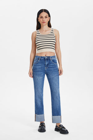 Open image in slideshow, Bayeas High Rise Straight Leg with Rolled Hem Jeans
