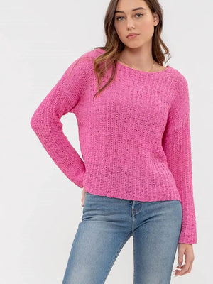 Open image in slideshow, Fuchsia Back Buttoned Knit Pullover Sweater
