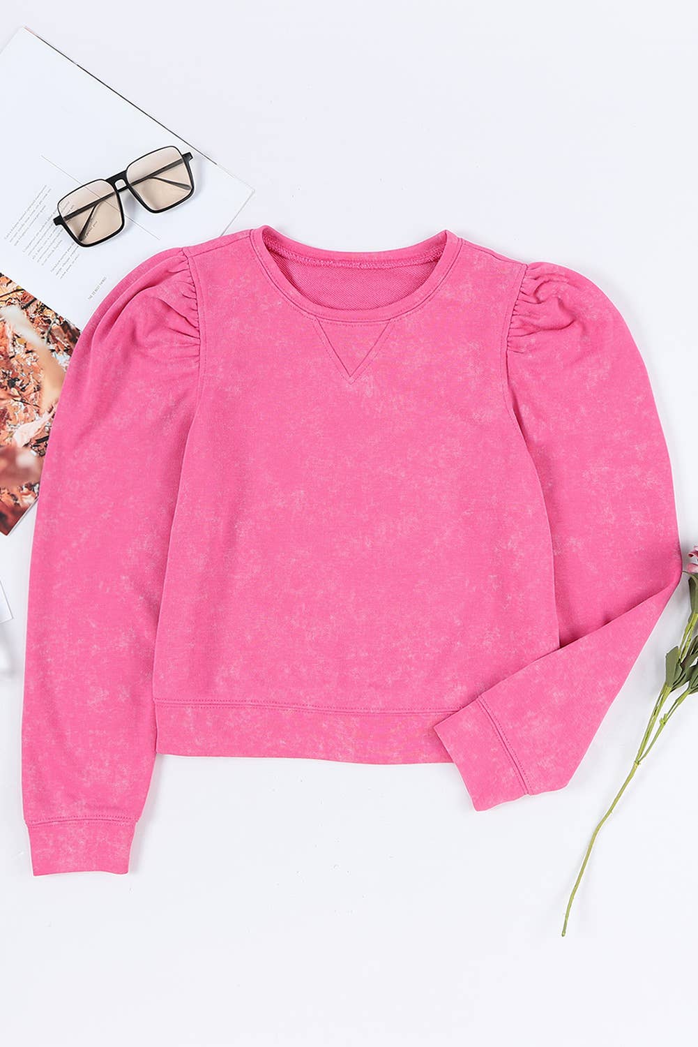 Vintage Washed Puff Sleeve Sweatshirt: XL / Pink