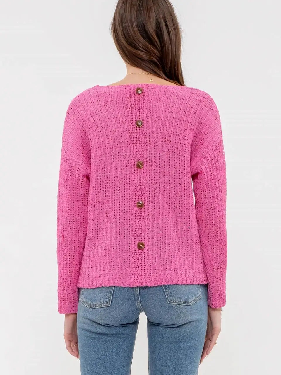 Fuchsia Back Buttoned Knit Pullover Sweater