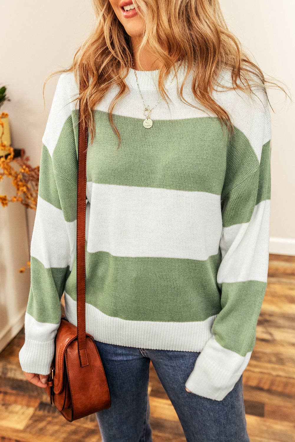 Colorblock Loose Sleeve Knit Sweater: M / Green