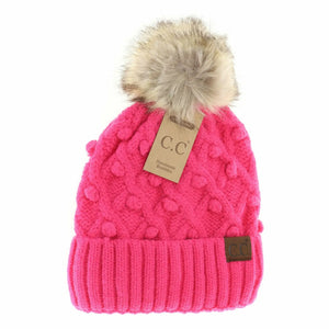 Bobble Knit Fur Pom Pom CC Beanie Hat