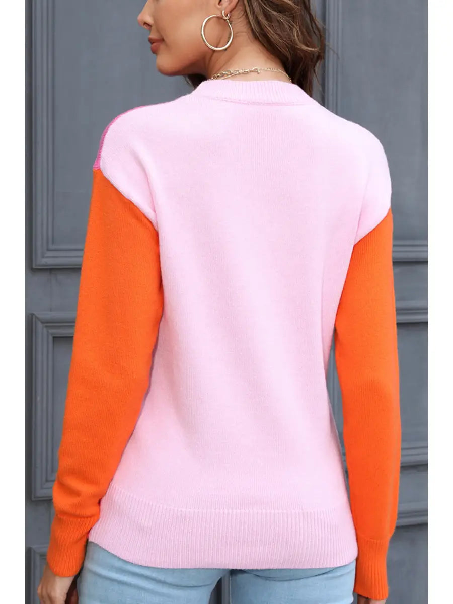 Color Block Knit Sweater - Pink & Orange
