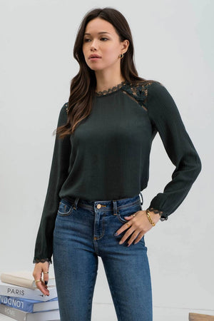 Open image in slideshow, Scallop Lace Hem Long Sleeve Top - Hunter Green
