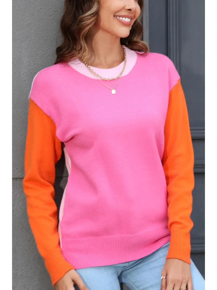 Noisy May color block sweater in orange & pink
