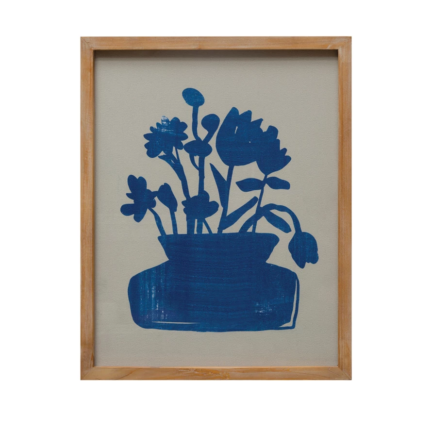 Wood Framed Glass Wall Décor w/ Flowers in Vase Silhouette, Blue