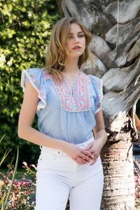 Open image in slideshow, THML Embroidered Detail Blue &amp; White Striped Top
