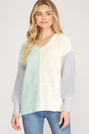 She + Sky V Neck Color Block Sweater