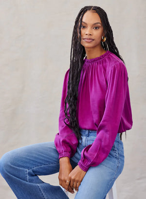 Open image in slideshow, Dolby Long Sleeve Smocked Neck Pullover - Boysenberry
