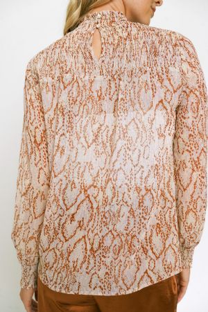 Smocked Mock Neck Lurex Chiffon Blouse