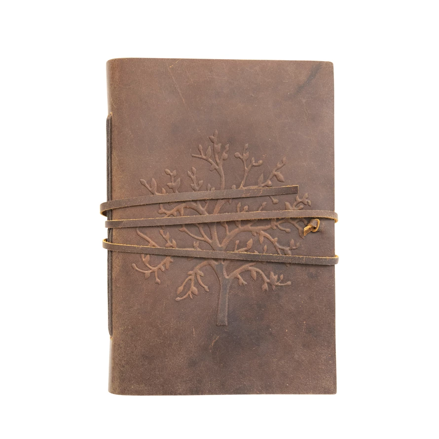 Leather Bound Journal with Handmade Paper, Embossed Tree and Tie